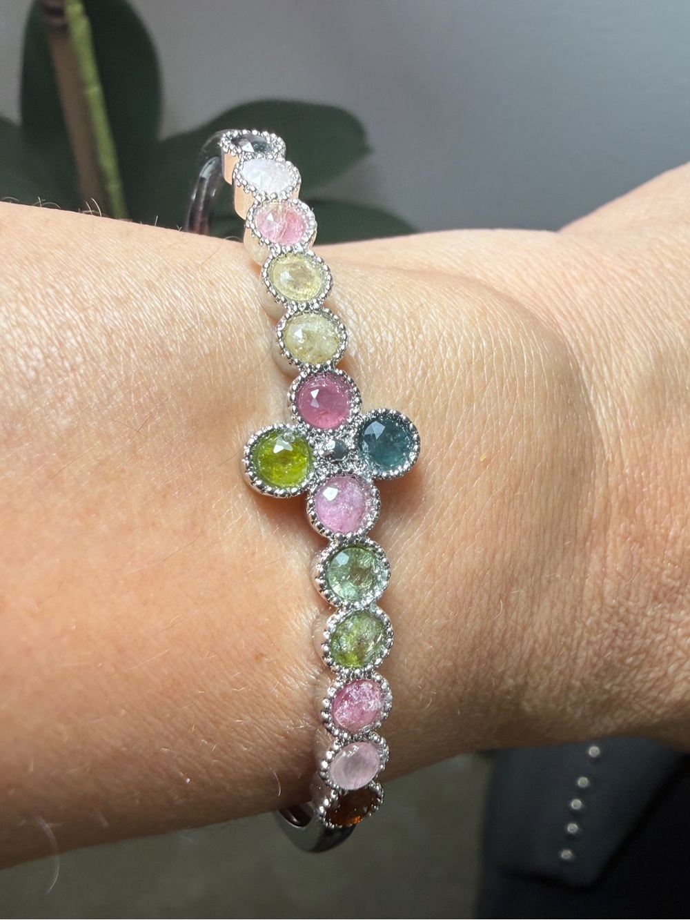 Multi-Color Tourmaline Silver Tone Cuff Bracelet Rainbow Gemstone Milgrain Bezel